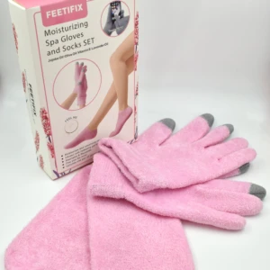 Guantes y medias hidratantes de spa FEETIFIX color rosa, para cuidado de manos y pies.
