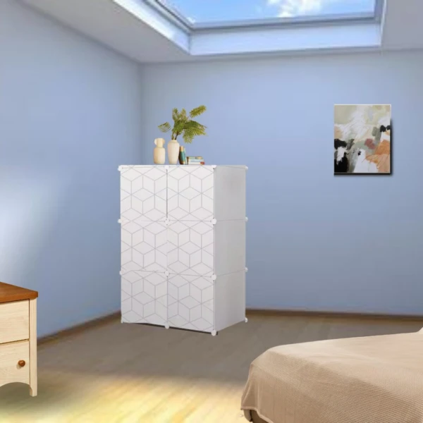 Armario organizador blanco de 6 módulos con diseño geométrico en habitación luminosa.
