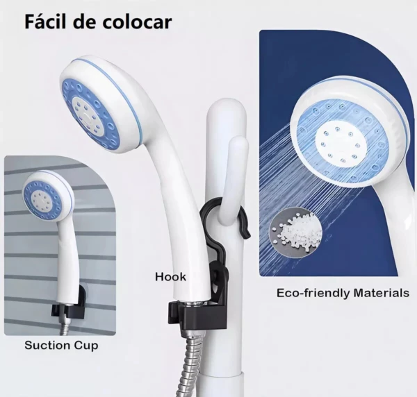 Regadera portátil recargable con gancho, ventosa y materiales ecológicos para tu ducha.