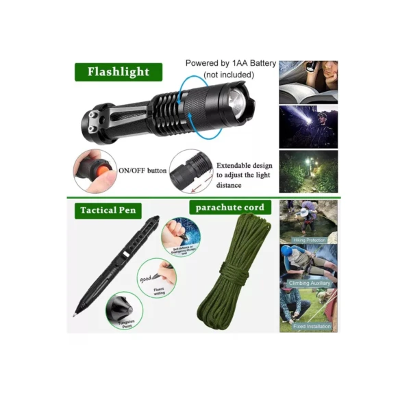 Kit de Supervivencia SOS: linterna, lapicero táctico, paracord y accesorios.