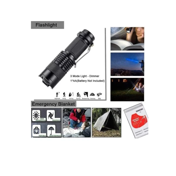 Linterna LED portátil 3 modos y manta de emergencia plegable para camping.