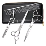 Kit tijeras peluquería canina 3en1: tijeras con peine y estuche negro