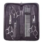 Kit tijeras peluquería canina 3 en 1: tijeras rectas, tijeras curvas y peine.