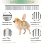 Cepillo removedor de pelo para perros Pomerania, acero inoxidable, dientes densos/dispersos.
