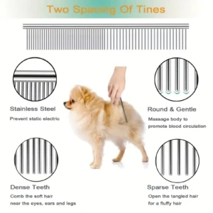Cepillo removedor de pelo para perros Pomerania, acero inoxidable, dientes densos/dispersos.