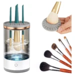 Limpiador eléctrico automático para brochas de maquillaje con base de silicona y cepillos variados.