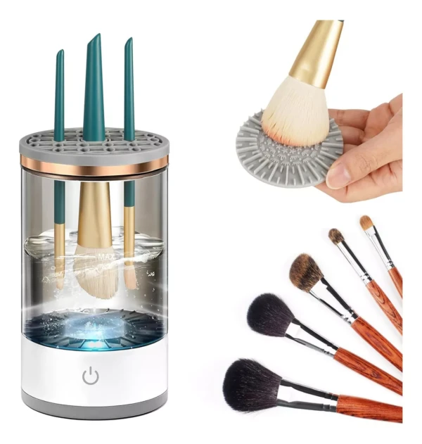 Limpiador eléctrico automático para brochas de maquillaje con base de silicona y cepillos variados.