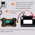 Cargador 12V con pantalla digital, conecta pinzas a batería de carro o moto.