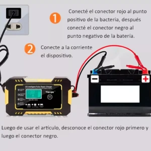 Cargador 12V con pantalla digital, conecta pinzas a batería de carro o moto.
