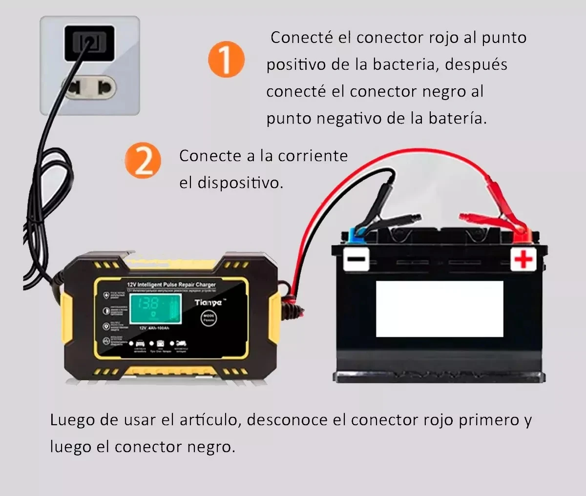 Cargador 12V con pantalla digital, conecta pinzas a batería de carro o moto.