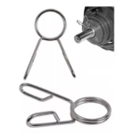 Seguros para barra olímpica profesional plateados x2 en detalle y puestos en disco.