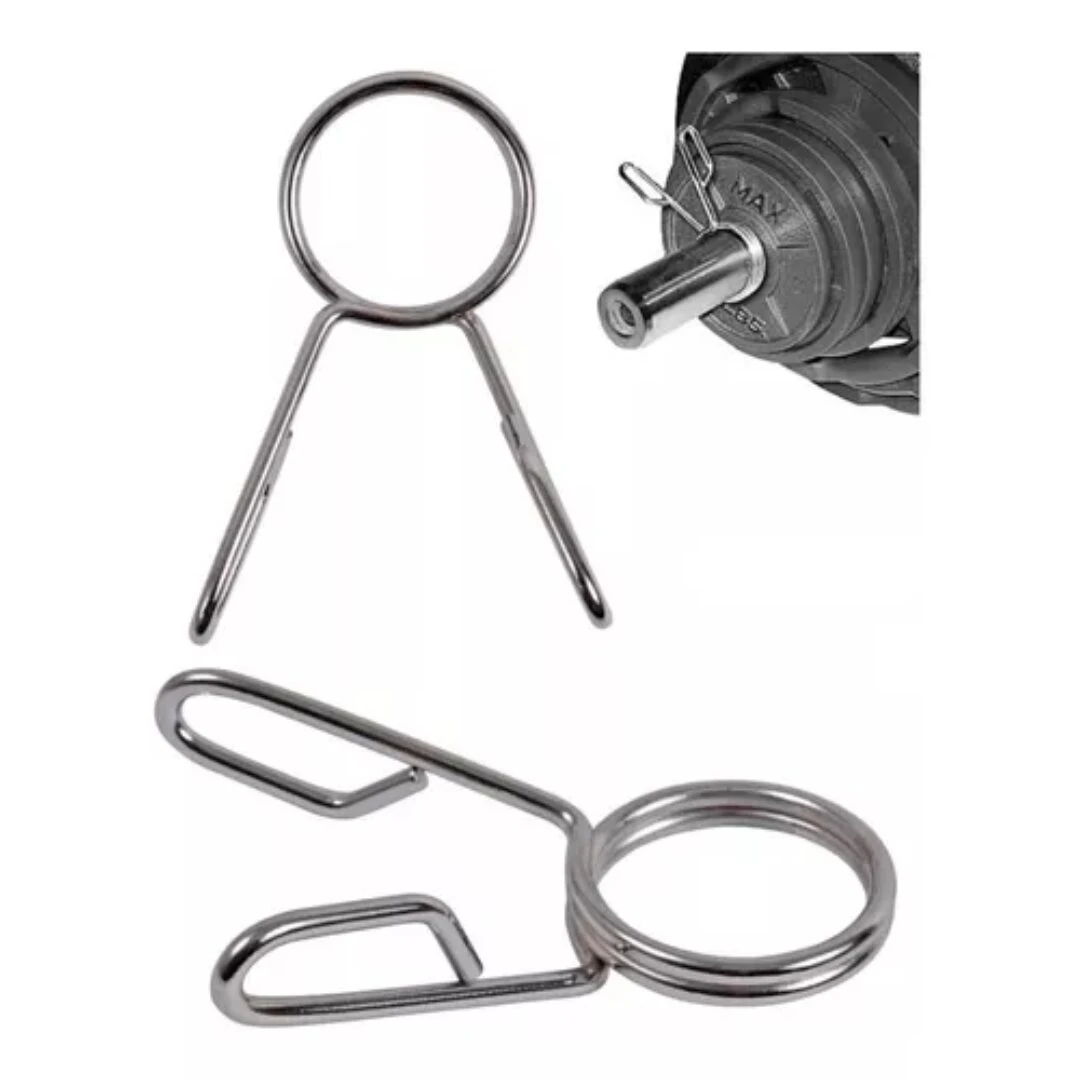 Seguros para barra olímpica profesional plateados x2 en detalle y puestos en disco.