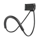 Soporte de cuello negro para celular, flexible y manos libres, con pinza ajustable.