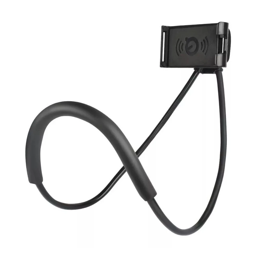 Soporte de cuello negro para celular, flexible y manos libres, con pinza ajustable.