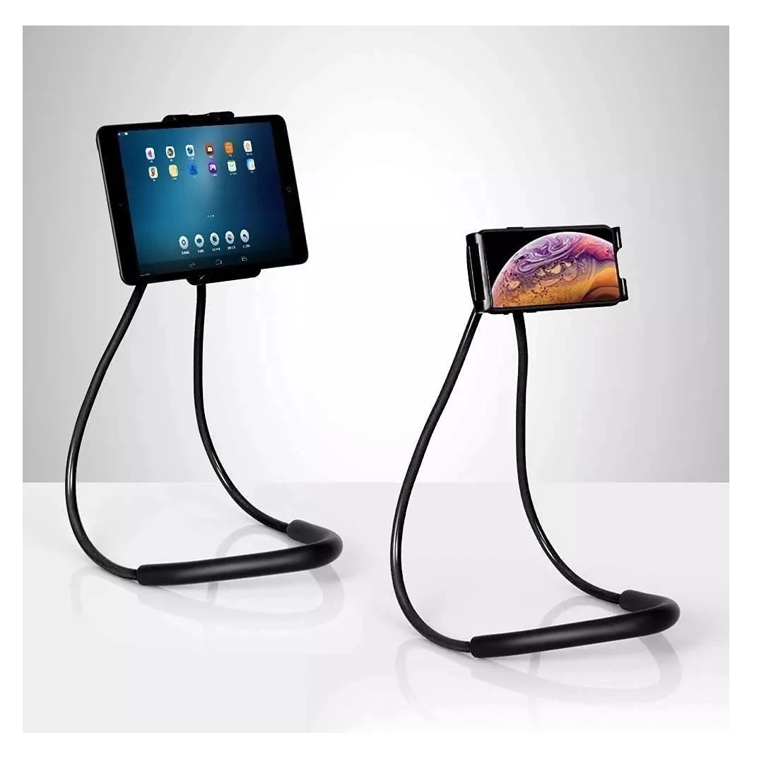 Soporte de cuello para celular y tablet, manos libres en negro.