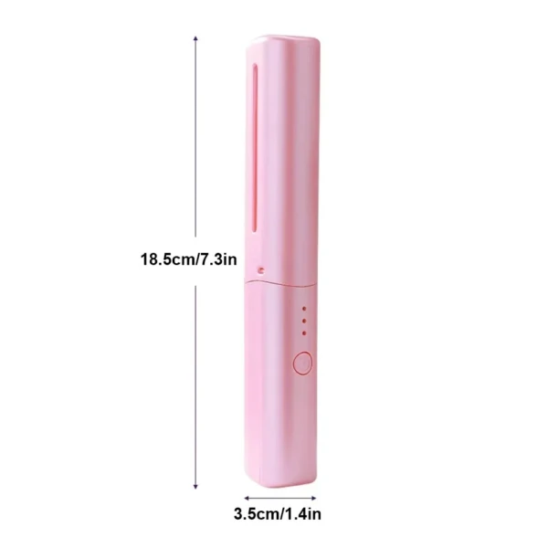 Cepillo alisador iónico portátil rosa de 18.5 cm con indicador de batería.