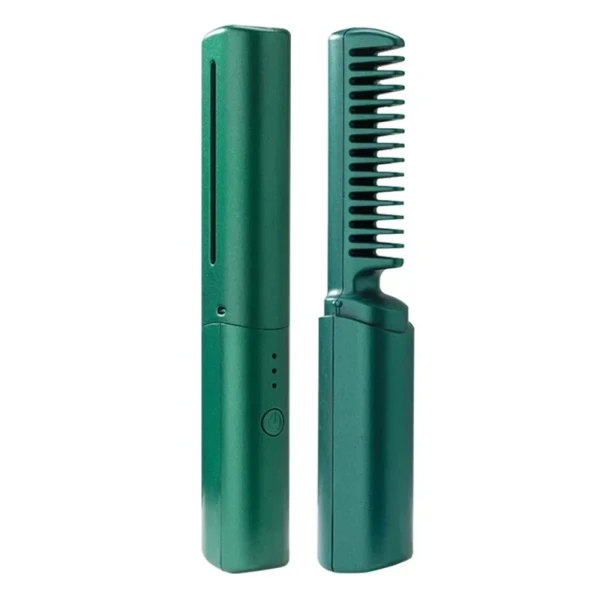 Cepillo alisador iónico portátil verde con peine desprendible.