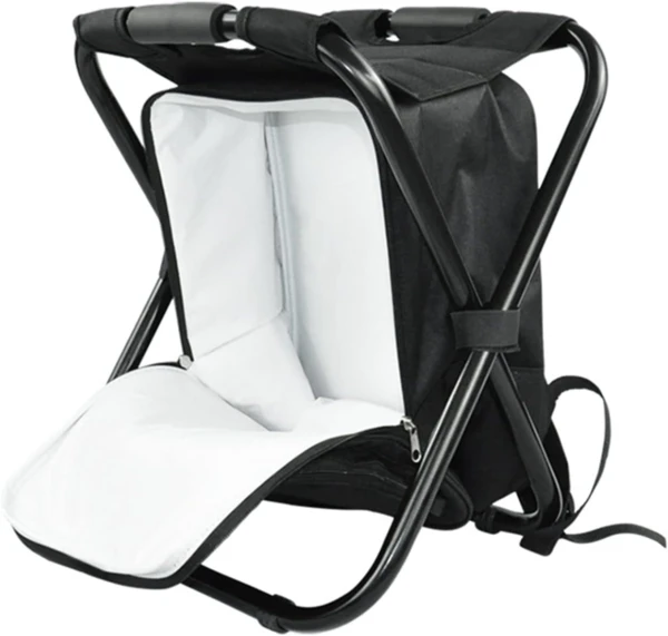 Silla plegable portátil tipo mochila negra con asiento blanco y cremallera.