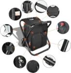 Silla plegable portátil tipo mochila con compartimentos y asiento acolchado.