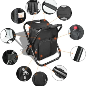 Silla plegable portátil tipo mochila con compartimentos y asiento acolchado.