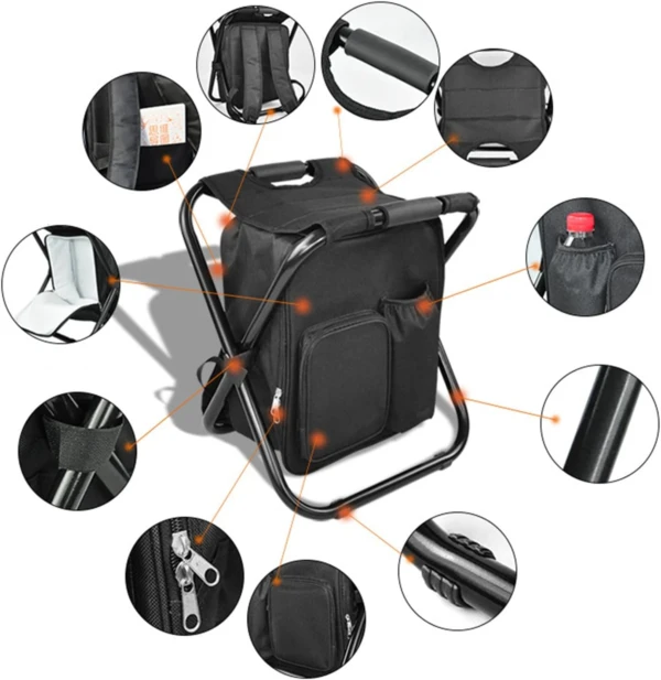 Silla plegable portátil tipo mochila con compartimentos y asiento acolchado.