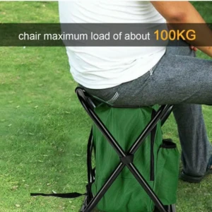 Silla plegable portátil tipo mochila verde con carga máxima de 100KG.