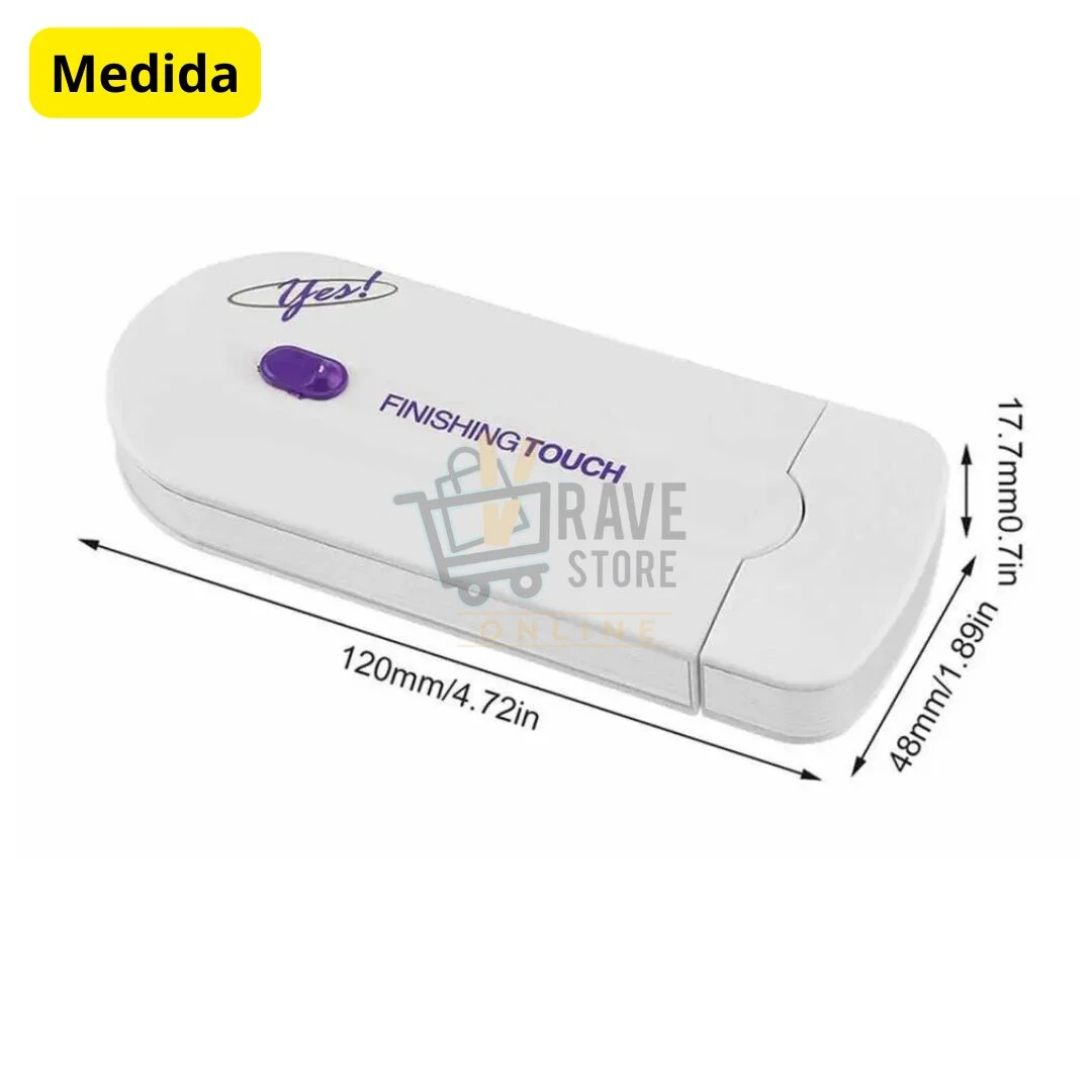 Depiladora portátil Finishing Touch para pierna, brazo, axilas, con medidas visibles.