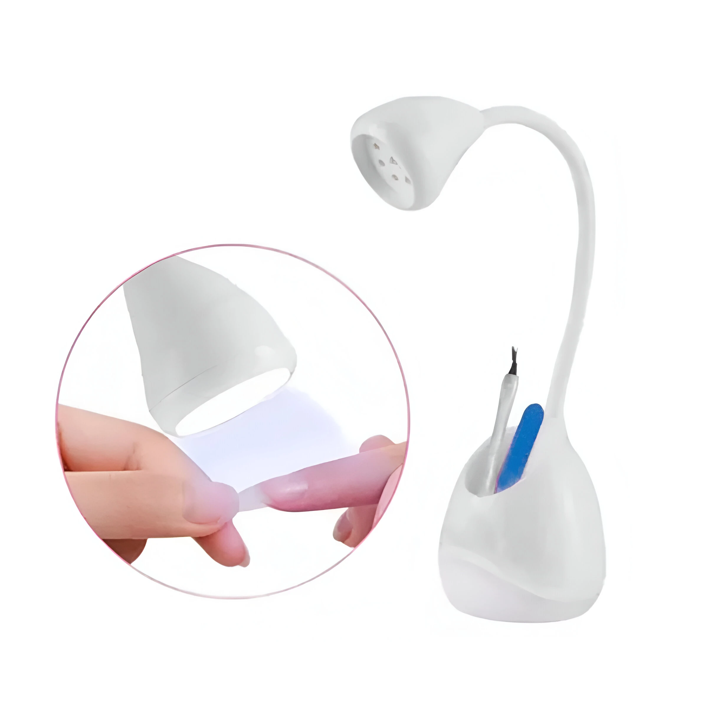 Lámpara UV LED profesional para uñas con soporte para herramientas y detalle de manicura.