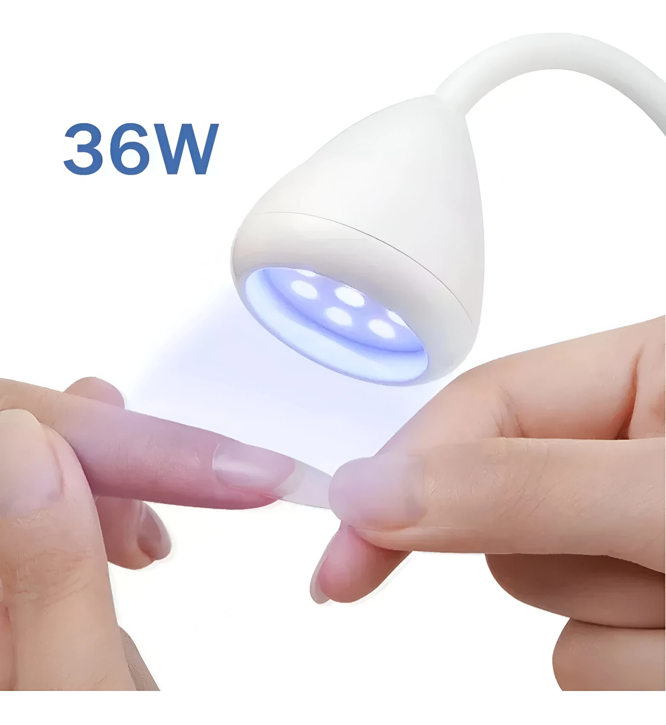 Lámpara UV LED profesional 36W para secado de uñas, con detalle de aplicación en mano.