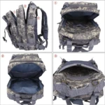 Bolso táctico militar de 30 litros, camuflado, con compartimentos visibles y correas.