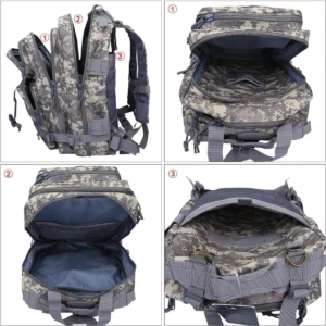 Bolso táctico militar de 30 litros, camuflado, con compartimentos visibles y correas.