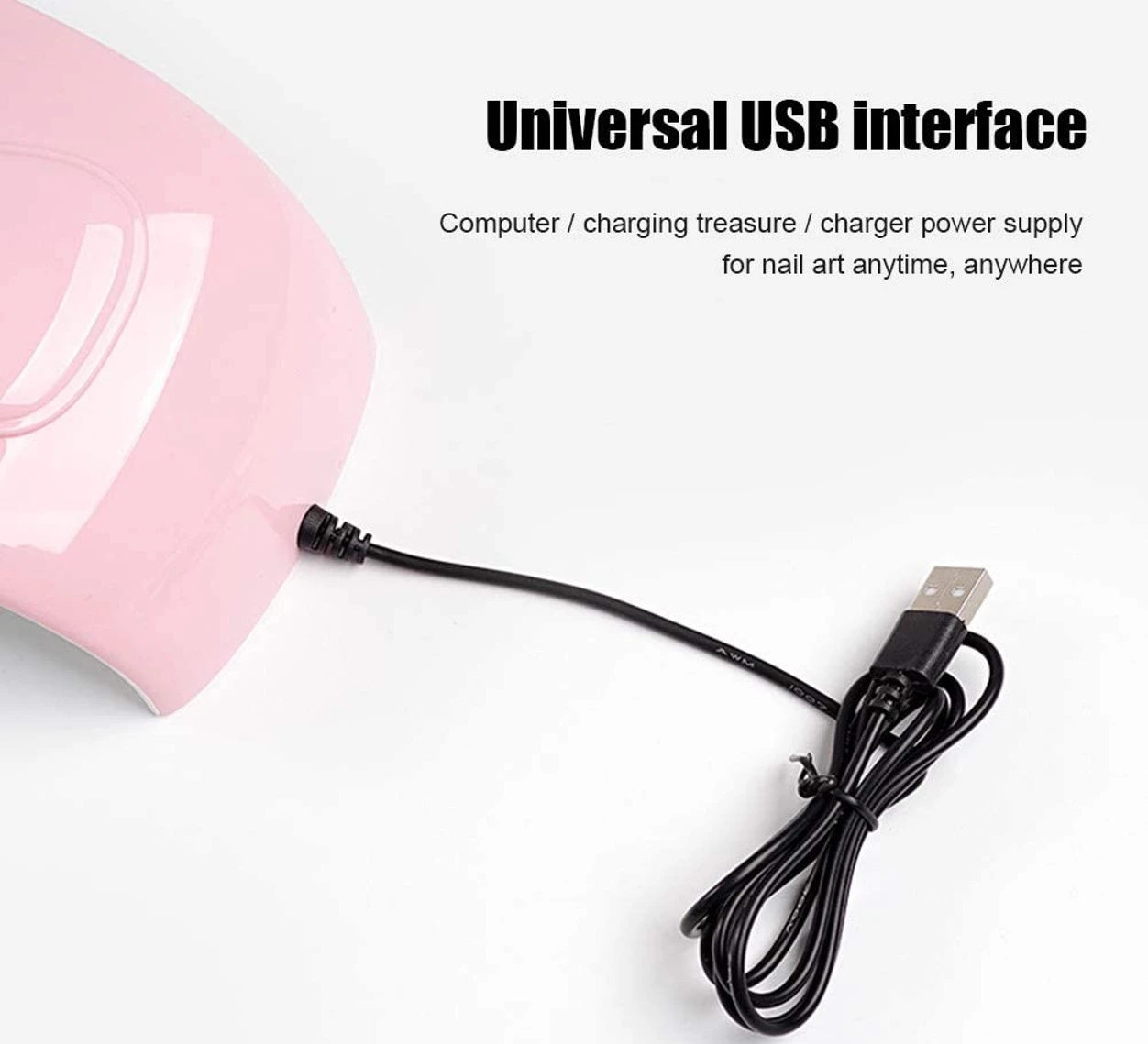 Lámpara de uñas 48W rosa con conexión USB, ideal para manicura.