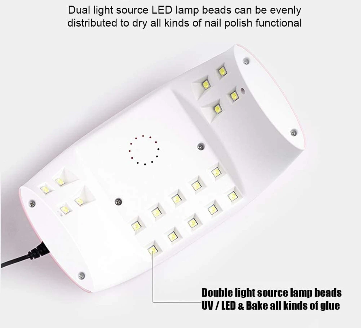 Lámpara de uñas 48W con múltiples LED UV y bases para secado rápido de esmalte.