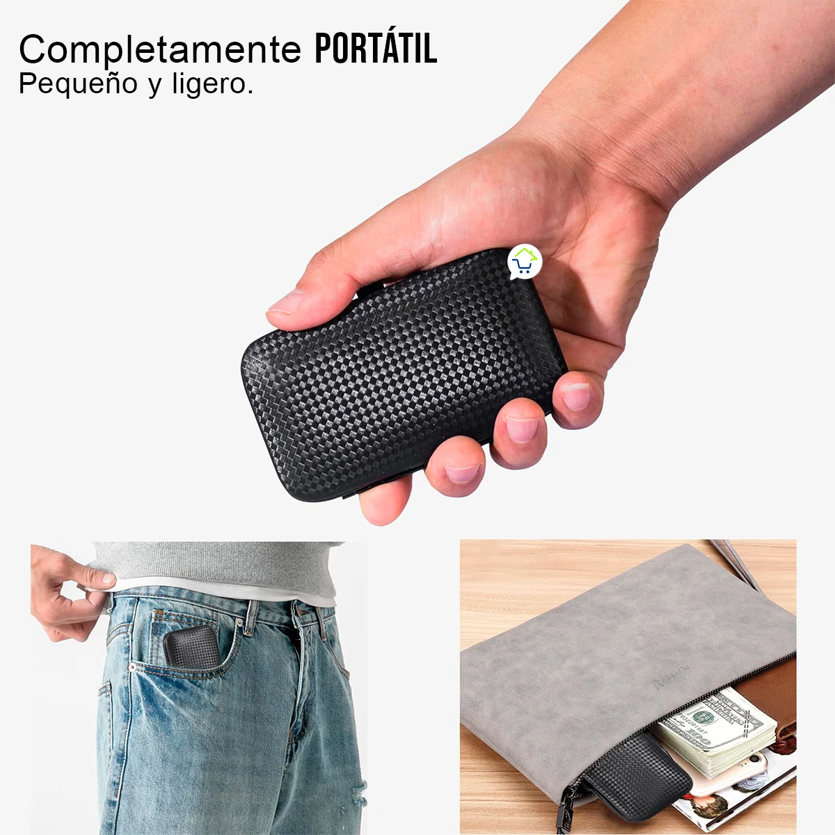 Set manicura y pedicura JD039 en mano, bolsillo de jeans y organizador gris con dinero.