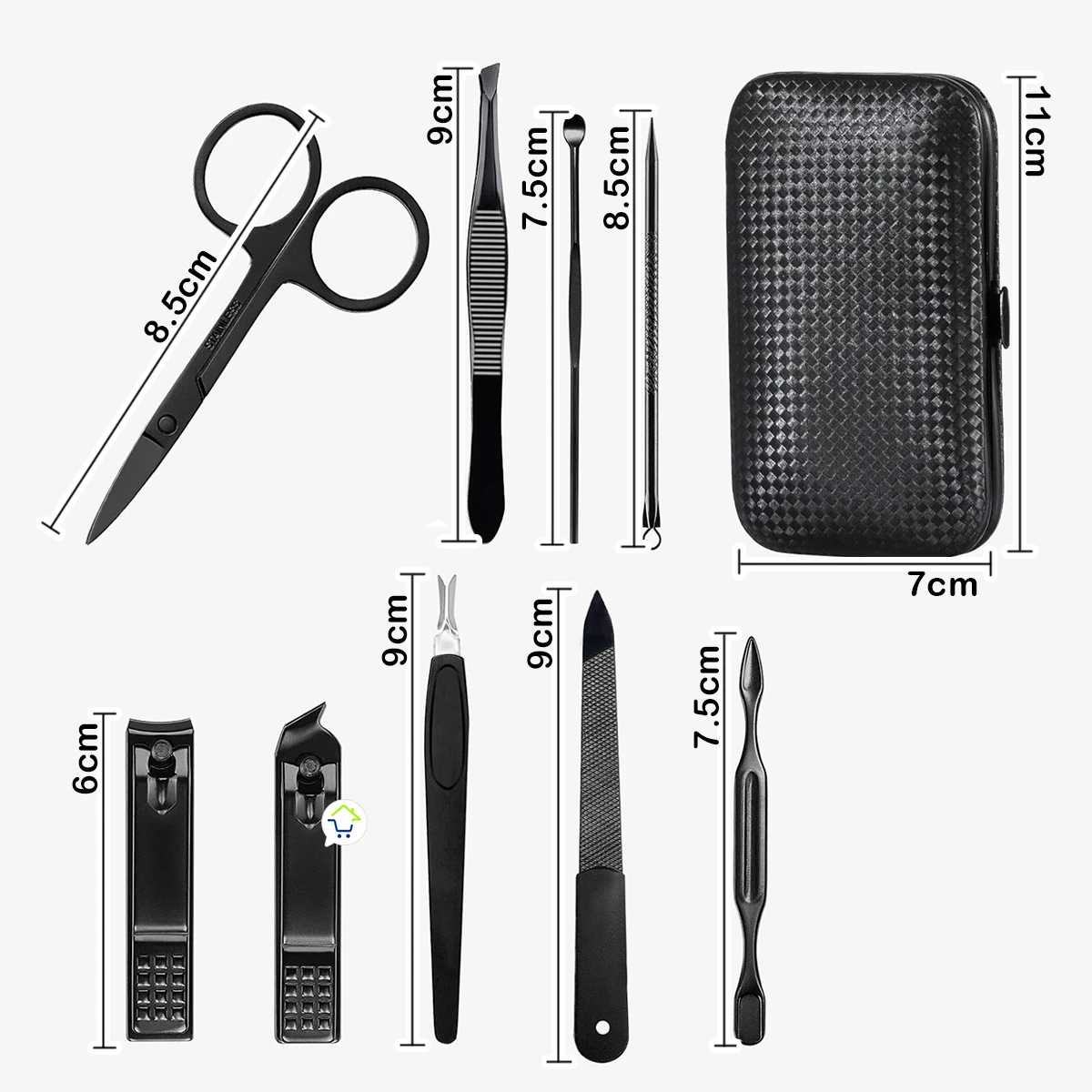 Set de manicura y pedicura JD039 de 9 piezas, estuche negro con tijeras, pinzas, cortaúñas, limas y más.