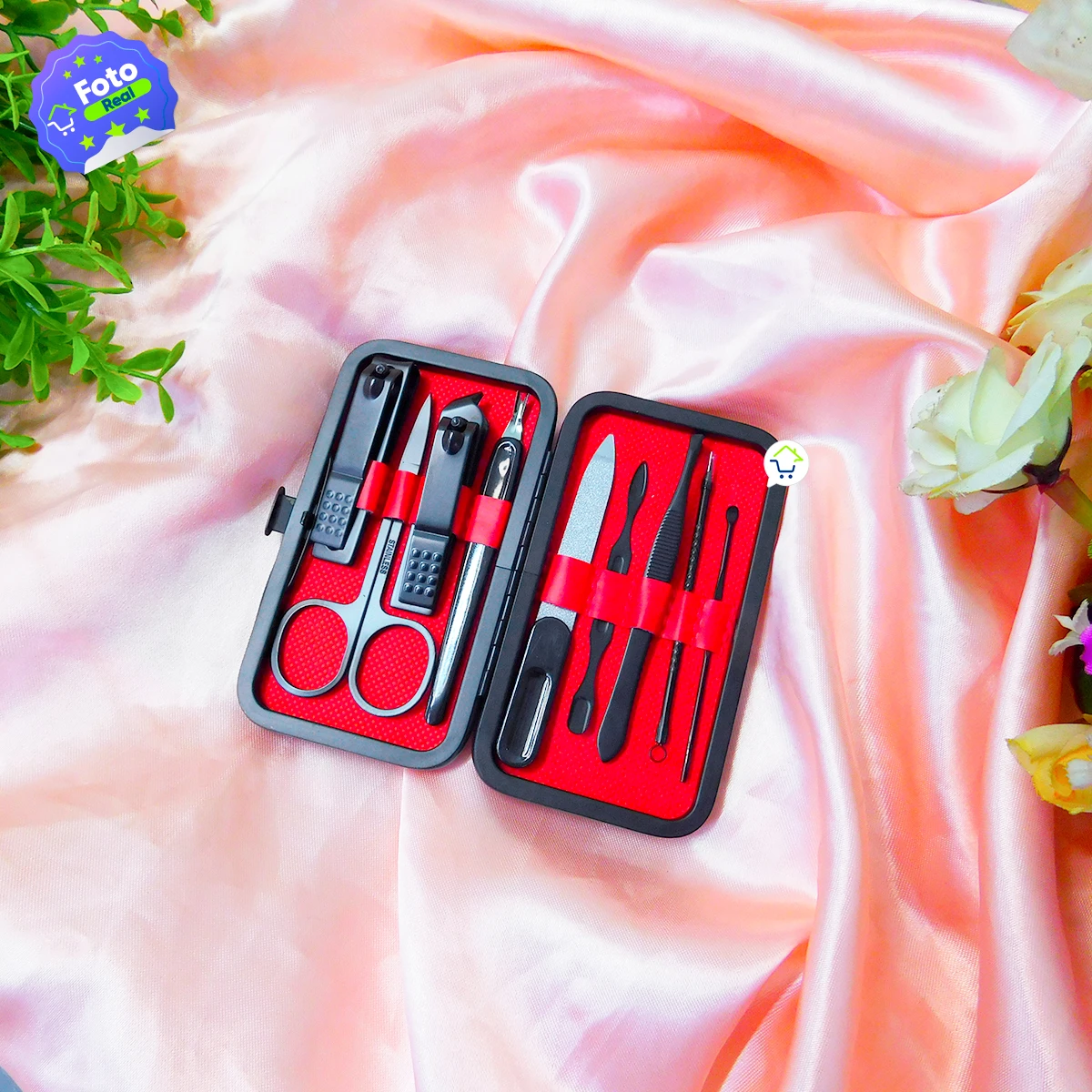 Set manicure pedicura 9 piezas JD039, herramientas de acero inoxidable en estuche rojo.