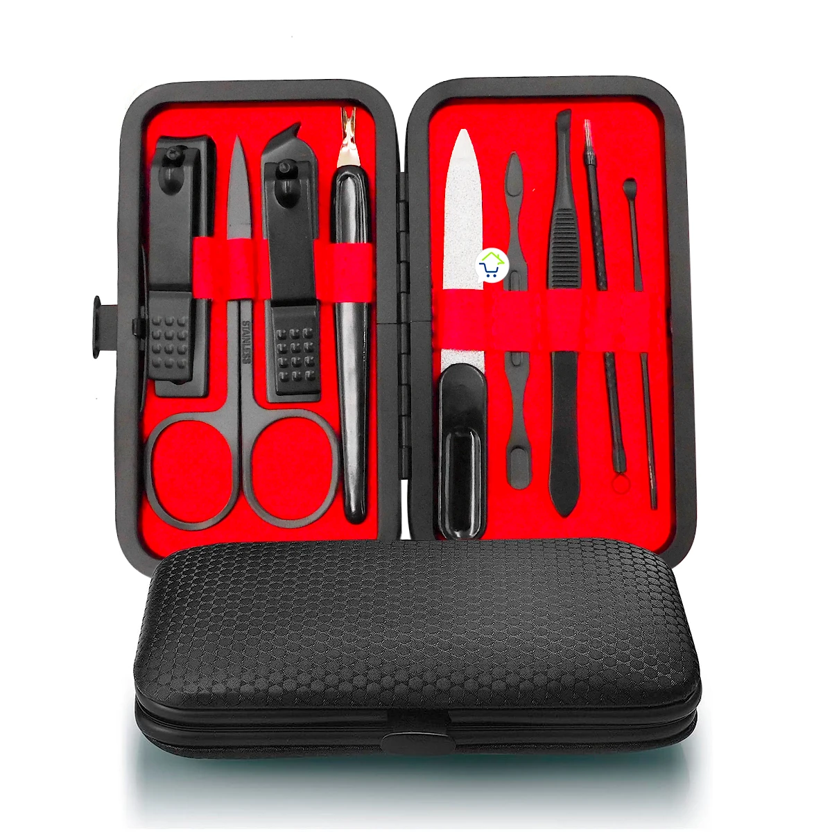 Set manicure pedicura 9 piezas JD039 negro con herramientas para uñas en estuche.