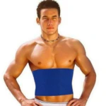 Faja térmica reductora unisex azul ajustada al torso de un hombre atlético con collar de cuentas.