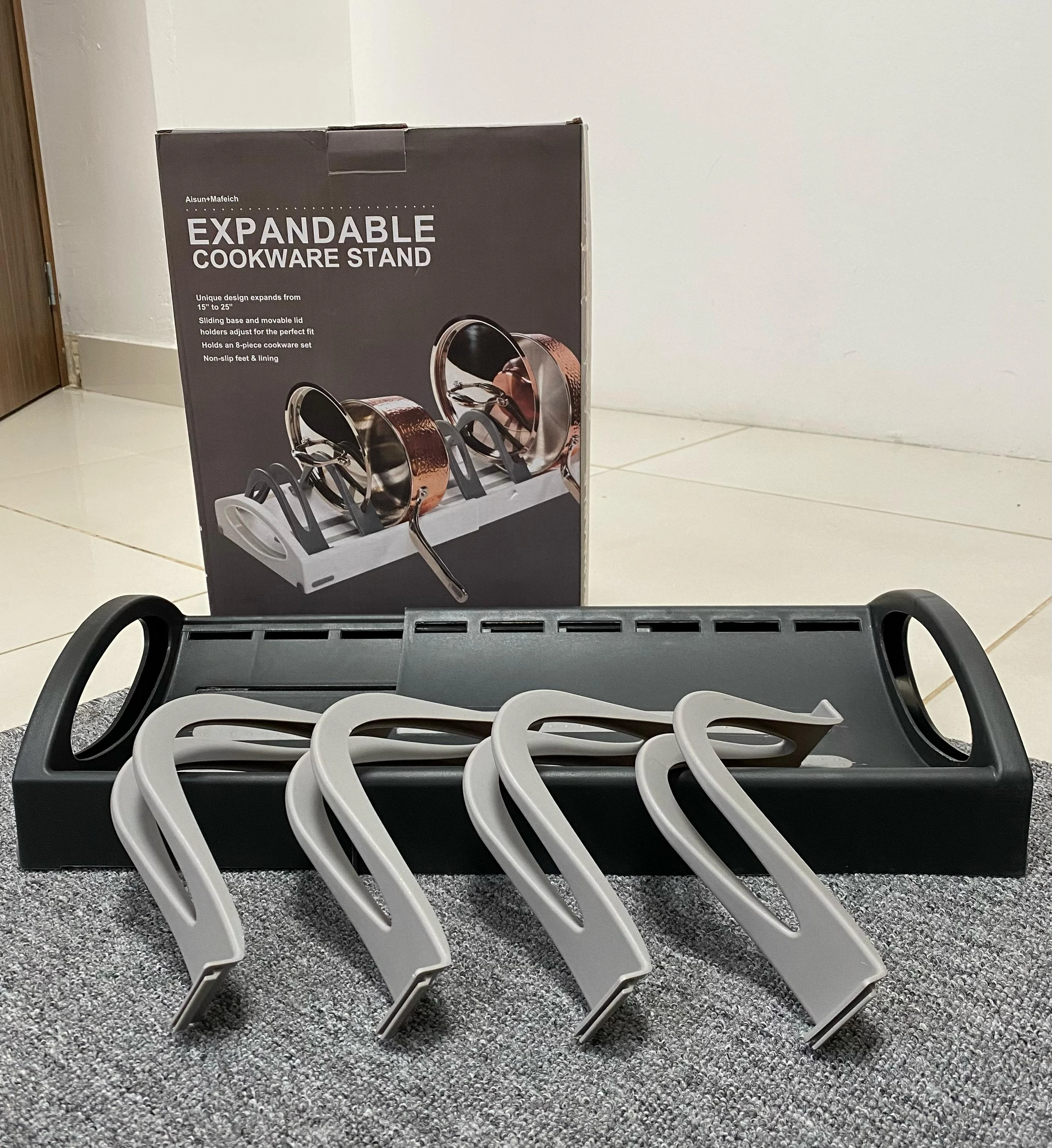 Organizador de ollas expandible Aisun+Mafeich, estante ajustable para utensilios de cocina.