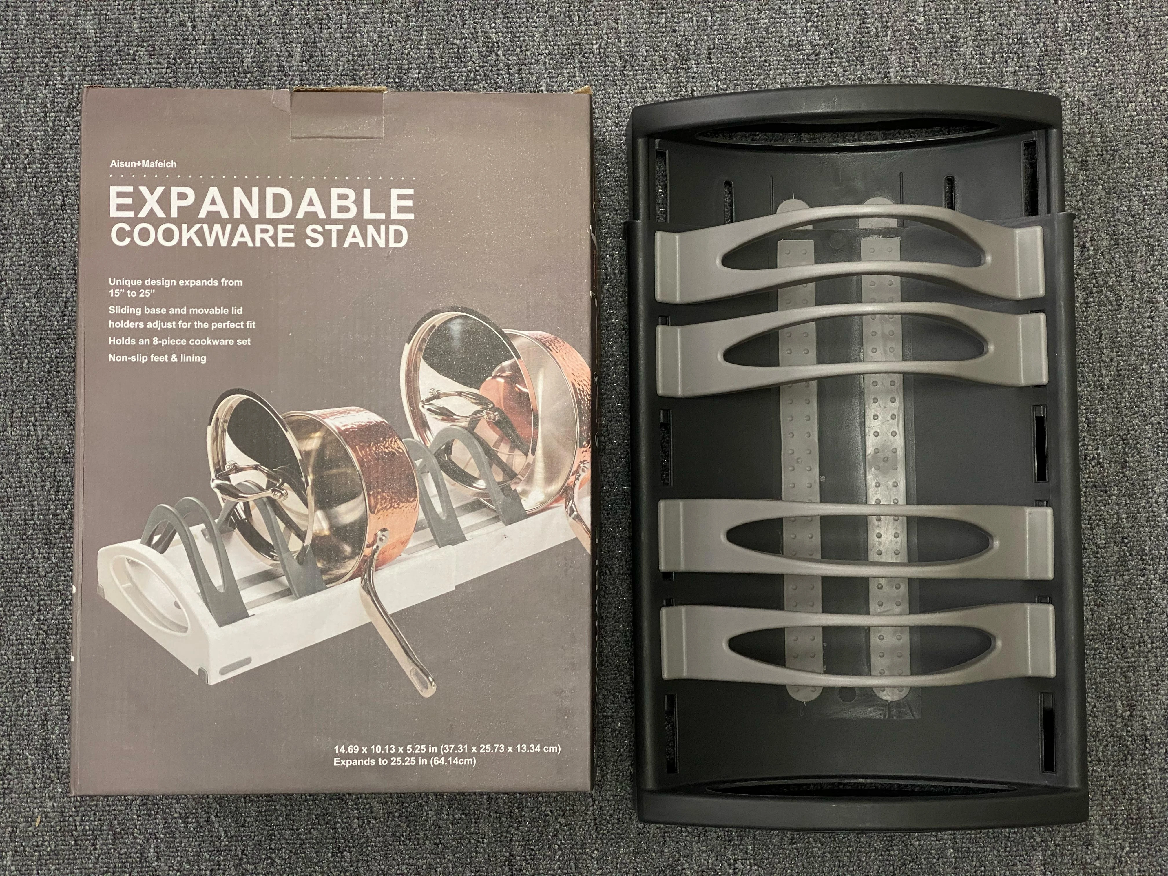 Organizador de ollas ajustable expandible, ideal para 8 piezas, diseño antideslizante.