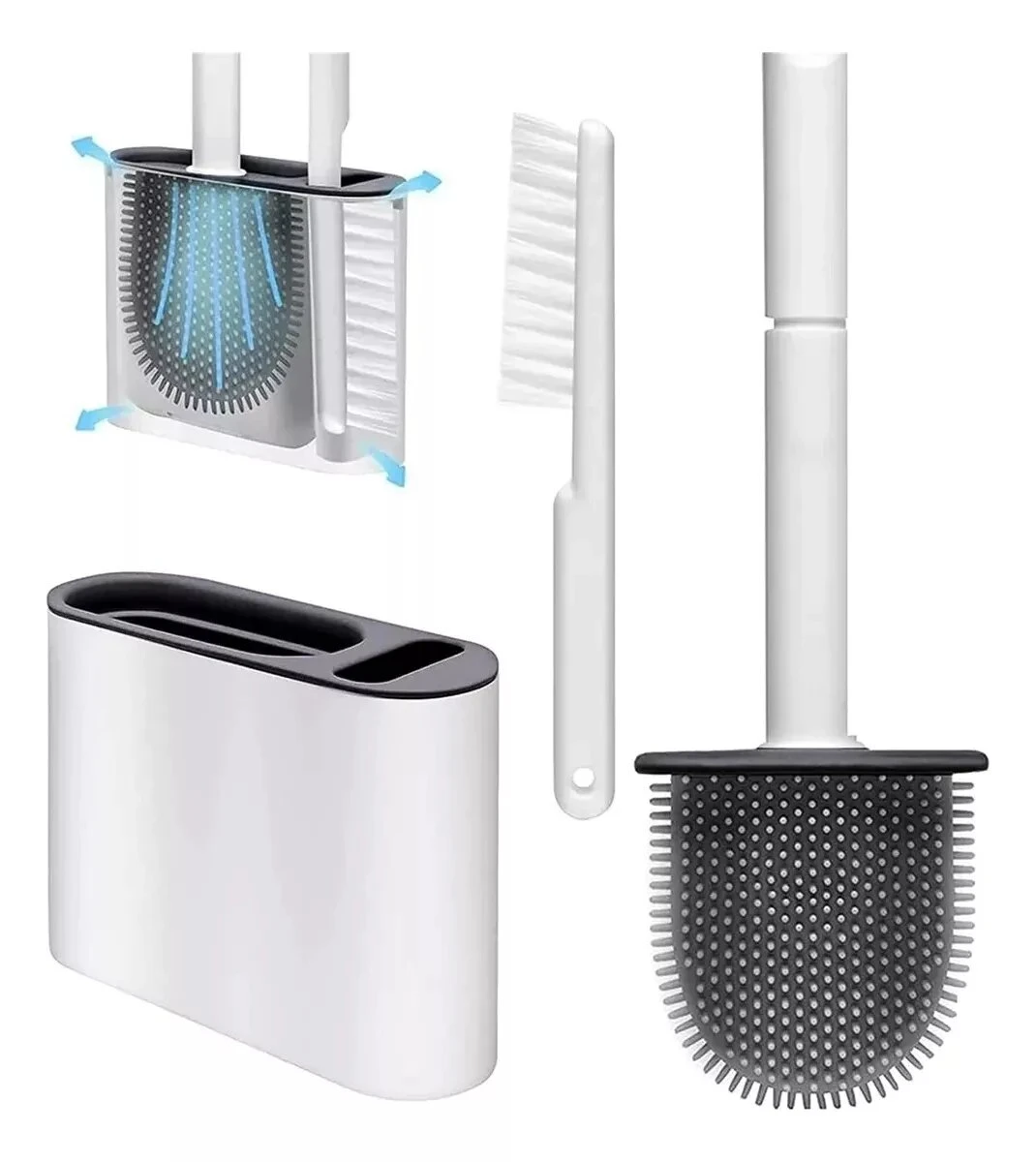Escobilla de silicona para baño con soporte, diseño moderno y eficiente para limpieza.