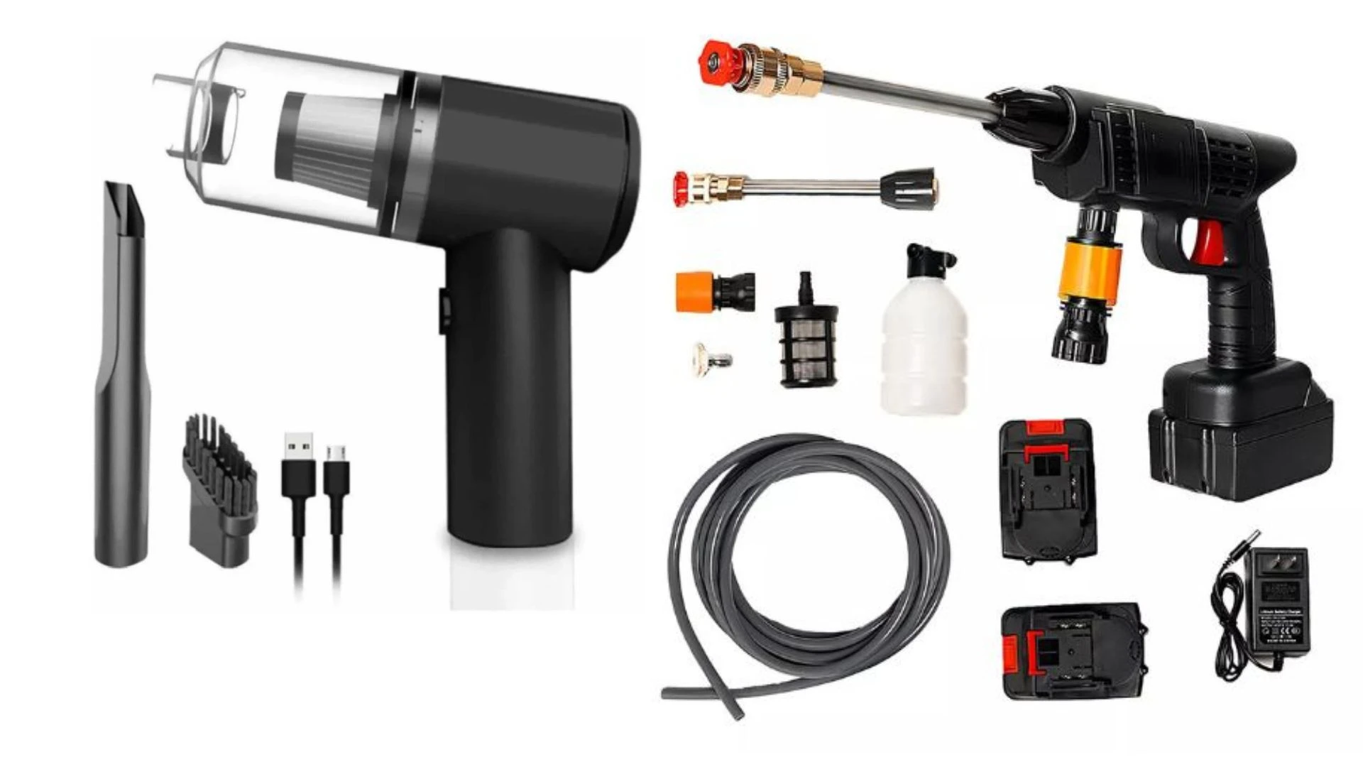 Combo Hidro 2Bat sin estuche: Hidrolavadora, aspiradora portátil, accesorios y cargador.