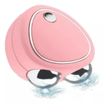 Dispositivo de estiramiento facial rosado con rodillos de masaje vibratorios y detalle cromado.