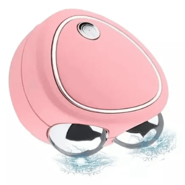 Dispositivo de estiramiento facial rosado con rodillos de masaje vibratorios y detalle cromado.