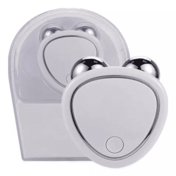 Dispositivo de estiramiento facial plateado con diseño ergonómico, ideal para cuidado personal.