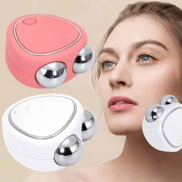 Dispositivo estiramiento facial, rodillos plateados y cuerpo rosa, para el cuidado de la piel.