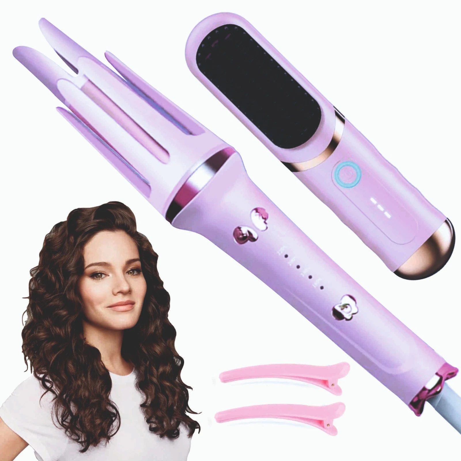 Combo rizador y cepillo alisador portátil rosa con modelo de mujer con cabello rizado.