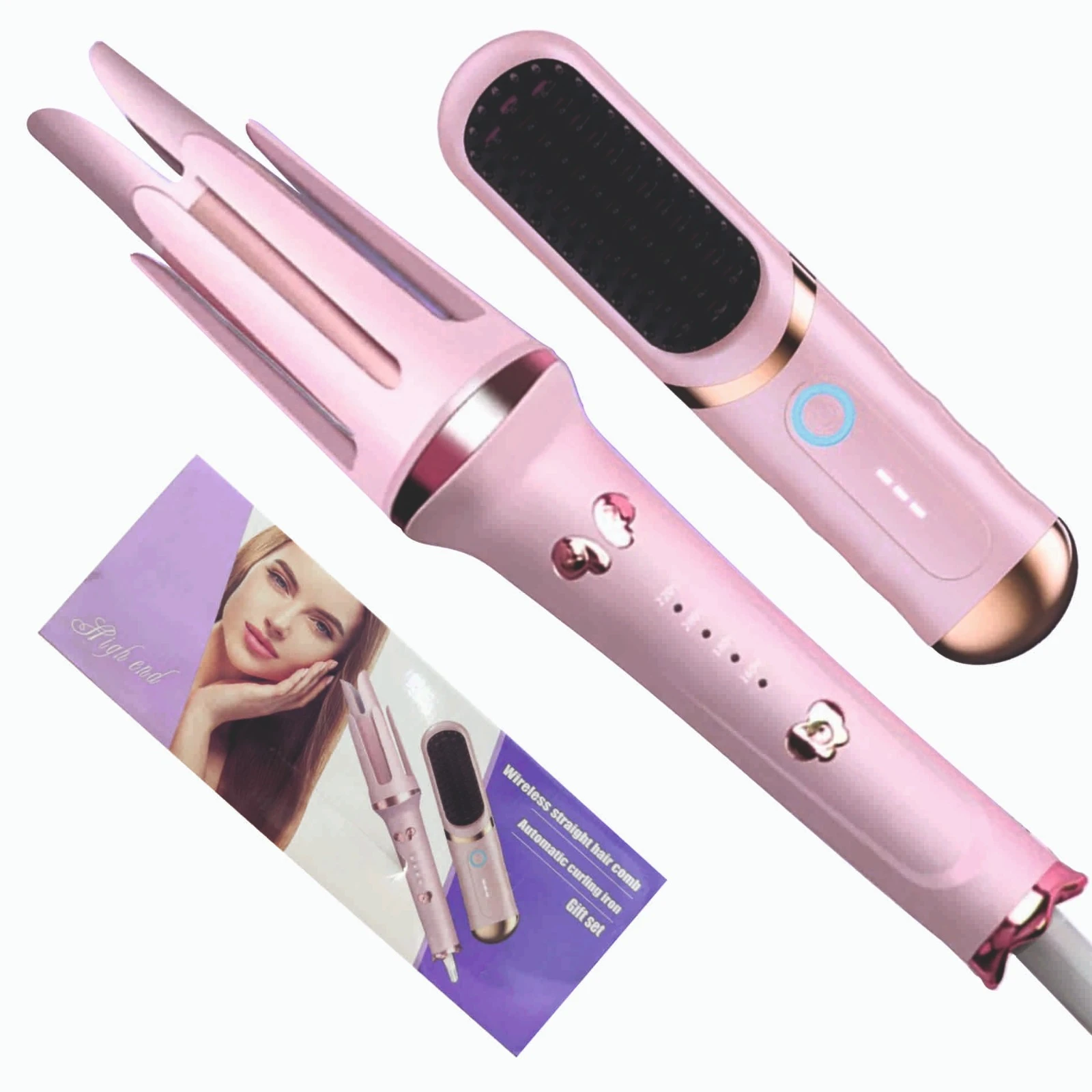 Combo rizador y cepillo alisador inalámbrico rosa de alta gama, set de regalo.