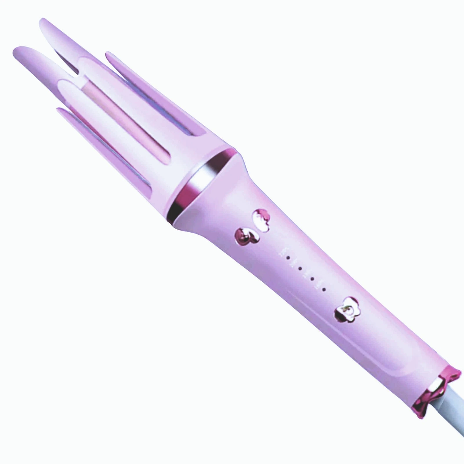 Rizador y cepillo alisador rosa con diseño de pétalos y control de temperatura.