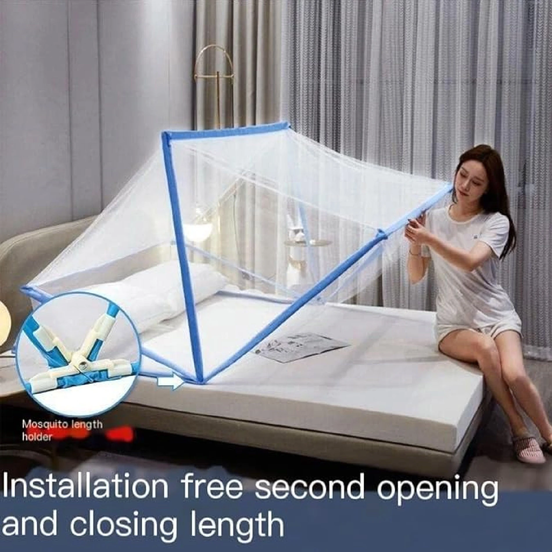 Toldillo mosquitero plegable 190x140cm sobre cama con mujer sentada, fácil instalación.
